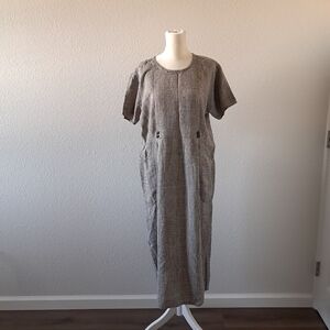 Flax Midi Dress Plaid 100% Linen Short Sleeve  Pockets Single Back Vent Modest